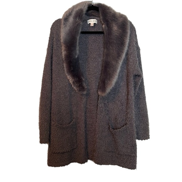 Knox Rose Gray Open Front Cardigan Sweater Faux Fur Detachable Collar Sz. S - Picture 4 of 15